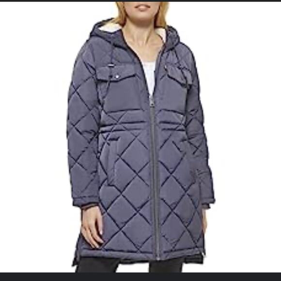 Levi's Women's Soft Sherpa Lined Diamond Quilted Long Blue Parka Jacket New - Picture 1 of 8